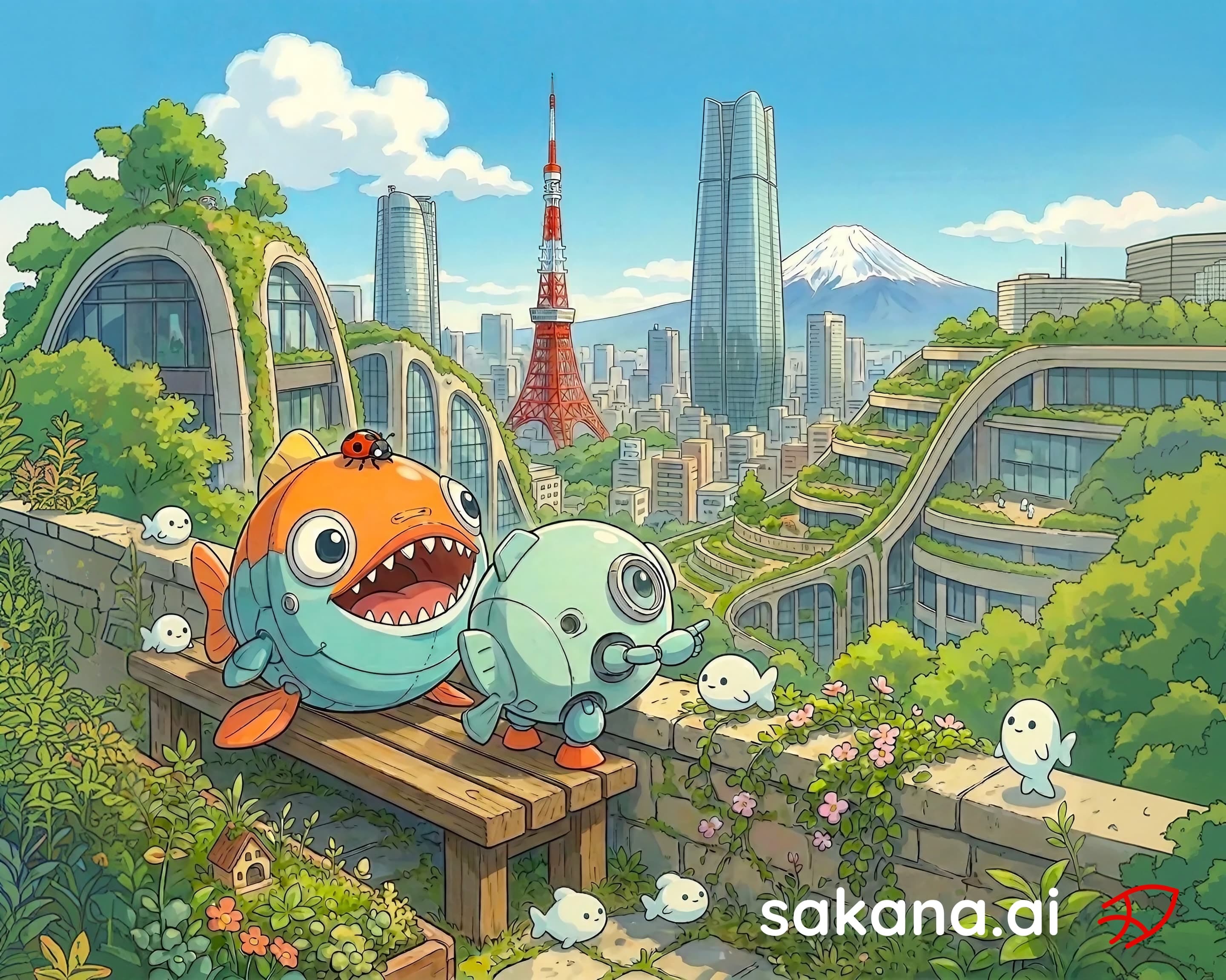 FUGU — a pufferfish overlooking a green futuristic Tokyo, Sakana AI